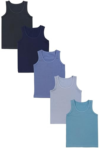 TupTam Unterhemden Jungen – 5er Pack Ärmellose Kinder Unterhemden, Baumwolle, Bequem & Atmungsaktiv, Farbe: Dunkelblau Anthrazit Indigo Blau Grau, Größe: 152-158