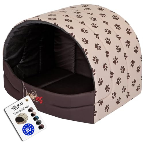 millybo Hundehütte Hundehöhle Hundebett Hundehaus S-XL (R2 (50 x 38 cm), beige mit Muster (Pfötchen))