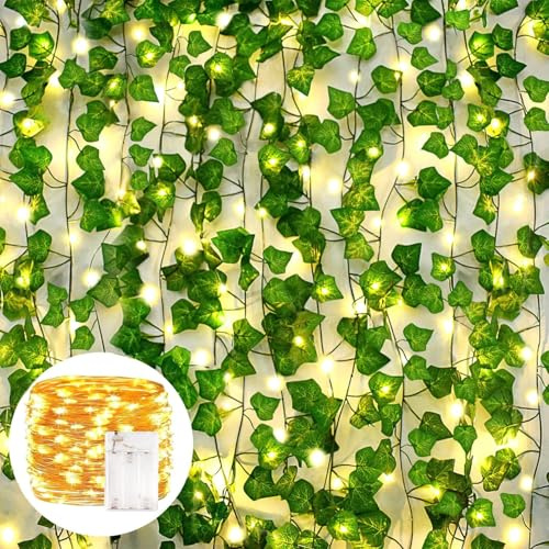 AIOR 12 Stück Efeu Künstlich Girlande Künstliche Pflanzen mit 100 LED-Licht, 200cm Hängend Fake Efeugirlande für Garten Hochzeit Balkonp Party Wanddekoration Aesthetic Room Decor