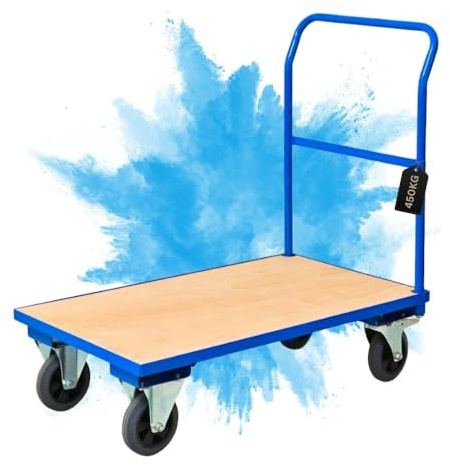 PROREGAL Transportwagen Handwagen Materialwagen | HxBxL 102x60x98cm | Traglast 450kg | Vollgummibereifung, 2x Lenkrollen mit Feststellbremse & 2x Bockrollen | Lichtblau | Plattformwagen Transporthilfe