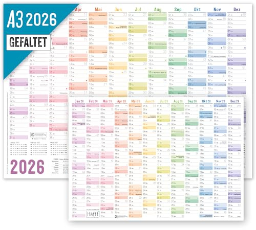 Häfft® Wandkalender 2026 A3 gefalzt (42 x 29,7 cm) Rainbow | Wandplaner mit Ferien-Übersicht und Feiertagen + gratis A4-Kalender