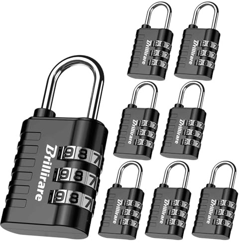 Brillirare 8 Stück Vorhängeschloss, Zahlenschloss 3 Stellig Gepäckschlösser Mit Zahlencode Metall, Schloss mit Zahlencode Wetterfest für Rucksack, Turnschrank, Haspel, Zaun, Tor, Koffer (Schwarz)