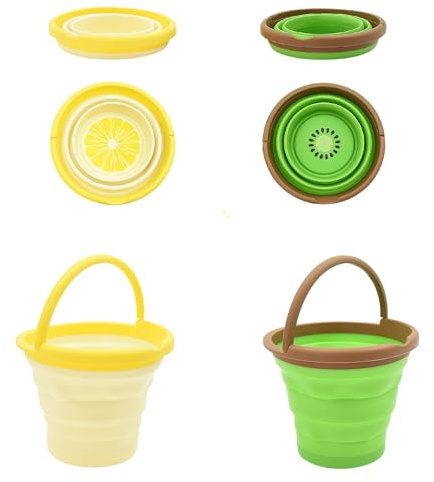Coriver 2er-Pack Faltbarer Strand-Eimer, zusammenklappbarer Sand-Eimer mit Griff, Sand Spielzeug mit Motiv, Outdoor-Sandkasten-Schneespielzeug für Party Reisen Camping Wasser (2. Grün+Gelb)