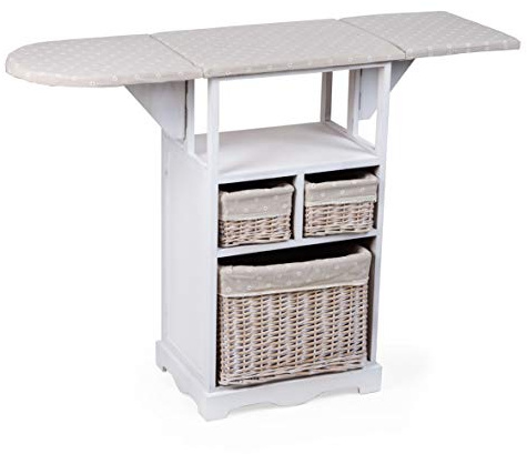 Baroni Home - Mobile da Stiro con ASSE Ripiegabile e 3 Cesti in Vimini Foderati con Tessuto Stampato con Fiori Margherite 54X36X86 cm