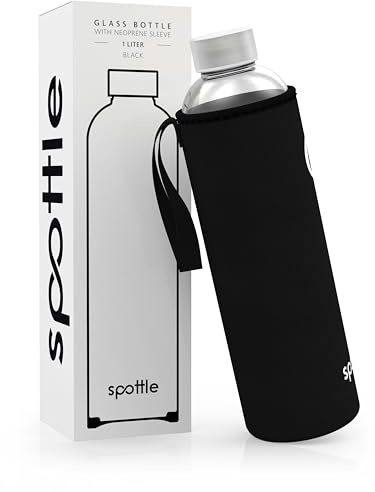 spottle Trinkflasche aus Glas 1l - Glasflasche 1 Liter mit Neoprenhülle - Schutzhülle - Glastrinkflasche mit Schraubverschluss (Schwarz, 1000 ml)