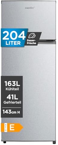 Comfee RCT284DS2 Kühl-/Gefrierkombination/Gefrierteil oben/176 kWh/Jahr/143cm Höhe/LED Licht/Reversibles Türscharnier/Silber