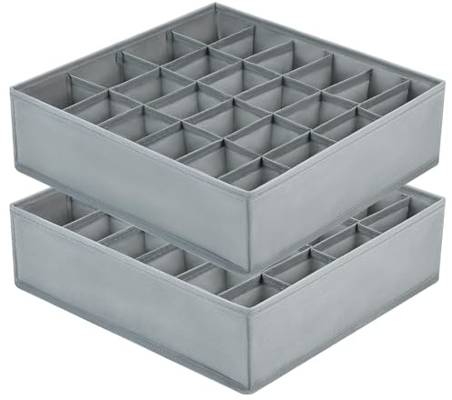 DIMJ Unterwäsche Socken Organizer - 2er Set, 48 Fächer (2x24) Schrank Schubladen Organizer, Faltbare Ordnungssystem Kleiderschrank, Aufbewahrungsboxen Kleidung, für kommode, Krawatten, Grau
