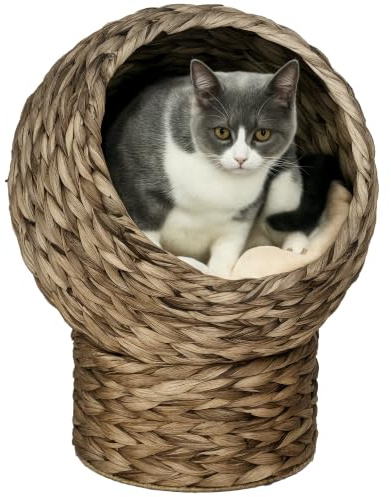 PawHut Rattan Katzenkorb Katzenhöhle mit Kissen 40 x 37 x 51 cm Kaffee | Katzenhütte, Katzenbett, Haustierbett, Wasserhyazinthe