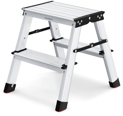 SONGMICS Leiter, Trittleiter, Aluleiter mit 2 rutschfesten Stufen, klappbar, Stehleiter, Mehrzweckleiter, bis 150 kg belastbar, Silbergrau-tintenschwarz GLT012E01