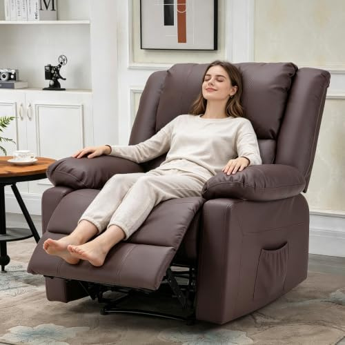 UNIONLINE Relaxsessel, Ergonomisches Fernsehsessel mit Liegefunktion, Braun | Moderner Einzelsessel aus Kunstleder mit Manueller Steuerung, Seitentaschen,Fußteil, bis 150kg belastbar