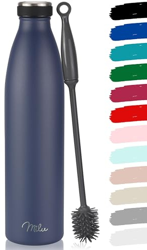 Milu Edelstahl Trinkflasche 350ml, 500ml, 750ml, 1L, 1.5L Thermosflasche, Isolierte Wasserflasche, Auslaufsichere Isolierflasche doppelwandig, Kohlensäure geeignet + Reinigungsbürste (Navyblau, 1.5L)