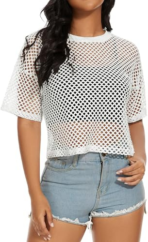 Damens Fishnet Mesh Tops Sommer Transparent T Shirt Kurze Ärmel Sheer Bluse | Leichter und atmungsaktiver Stoff, Neon Oberteil Lose Fit, Rundhals Cover Up, Locker Netzshirt für tägliche Outfits