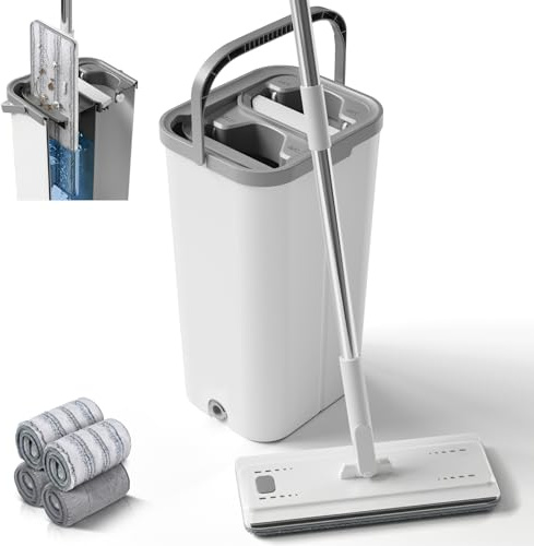 Masthome Wischmopp Set mit 2-Kammer-Eimer 2in1 Freihand Flachwischer mit einstellbar Edelstahlgriff und 4 waschbare Mikrofaser-Pads 3,7L integrierter Auswringfunktion für Hartholz Laminat Fliesen