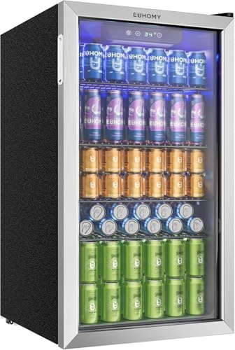 EUHOMY 90L Getränkekühlschrank, Minikühlschrank für 126 Dosen mit Glastür, kleiner Kühlschrank mit verstellbaren Regalen für Limonade, Bier oder Wein, perfekt für Zuhause/Bar/Büro, Silber, Edelstahl
