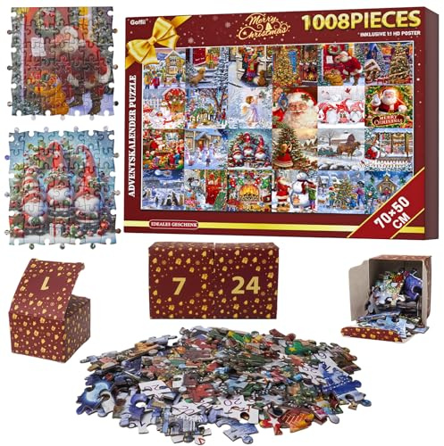 Adventskalender Puzzle 2026 Weihnachts, 1008 Teile, 70x50 cm | 24-tägiger Countdown, HD-Poster, Recycling-Box, für Erwachsene und Kinder