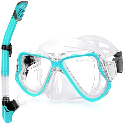 QcoQce Schnorchelset für Erwachsene, Trocken Schnorchel mit Anti-Fog und Anti-Leck Tauchmaske aus Gehärtetem Glas, Panorama Sicht und Leichtes Atmen für Schnorcheln und Tauchen Transparent Blau