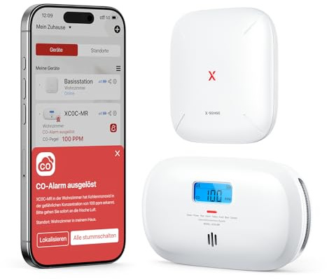 X-Sense Smart Kohlenmonoxid Melder, TÜV Rheinland Zertifiziert, mit Digitalanzeige, austauschbarer Batterie, App-Steuerung, mit Basisstation SBS50, XC0C-MR11, 1 Stück