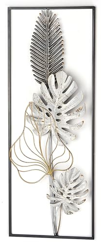 Kobolo Wandbild Monstera, 29x74x3 cm, Metall, schwarz-gold-weiß, modernes Metallbild, stilvolle Wanddeko für Wohnzimmer, Esszimmer Flur & Schlafzimmer