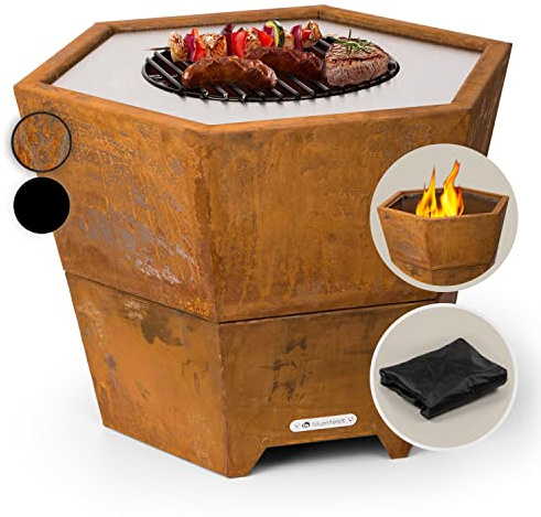 Blumfeldt Feuerschale mit Grillrost, Outdoor-Stahl-Feuerschale groß für Balkon & Camping, mobile 60 cm Sechseckige Feuerstelle mit Standfuß, witterfest