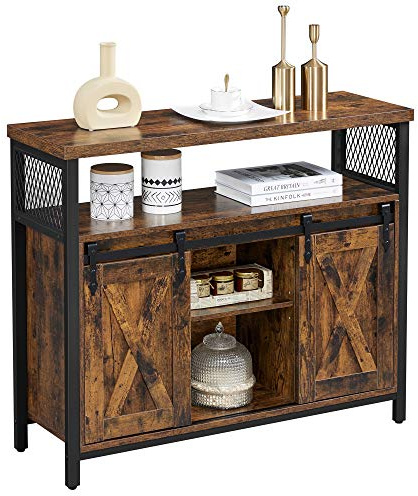 VASAGLE Sideboard, Küchenschrank, Aufbewahrungsschrank, mit 2 Schiebetüren, 33 x 100 x 80 cm, verstellbare Einlegeböden, für Wohnzimmer, rustikales Braun und Tintenschwarz LSC092B01