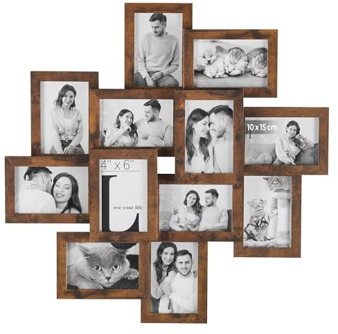 SONGMICS Bilderrahmen RPF022X01 für 12 Fotos 10,2 x 15,2 cm - Wandmontage und Montage erforderlich - Glas und MDF Holz Rahmen Rustikal Braun