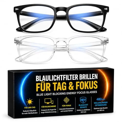 Solmoon Blaulichtfilter Brille Herren – Blaulichtfilter Brille Damen ohne Stärke | 2 Styles: Schwarz markant + Transparent dezent | Circalens™ HEV-Filter, 480nm für Fokus & Sehkomfort