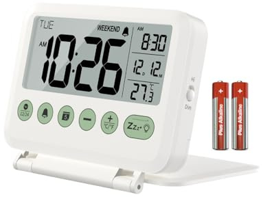 MeesMeek Reisewecker Digital Klein: 2 Stufen Licht und Lautstärke, 12/24H, Kalender, Temperatur, Wochenende und Schlummer Modus, Klappbar, Batteriebetrieben Mini Wecker (Weiß)