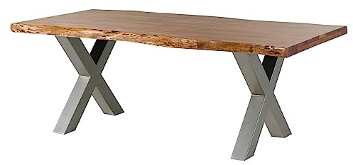 MASSIVMOEBEL24.DE | Baumtisch Akazie Freeform 5 - Verschiedene Größen, Gestelle und Farben, Farbe:Natur lackiert, Größe:180x90 cm, Gestell:X-Beine Silber matt