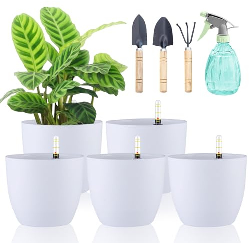 DENUOTOP Blumentopf Selbstbewässernd mit Wasseranzeiger Weiß 5er-Set, 15cm Selbstbewässerungstopf Wasserspeicher Pflanzgefäß Übertopf für Innen und Außenbereich, Self Watering Pot