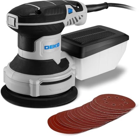 Exzenterschleifer 125mm mit Absaug 300W: DEKOPRO Schleifmaschine für Holz mit 16 Schleifpapieren,6 Geschwindigkeiten,14000 U/min, Hochleistungsentstaubungsanlage - Schleifgerät Holz,Blau