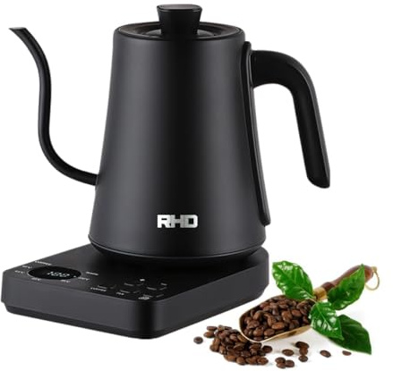 Edelstahl-Wasserkocher Mit Thermostat, 1-Liter-Wasserkocher Mit Schwanenhals, Kitchen Wasserkocher, 1000 Watt Teekocher,90° Rechtwinkliger Ausguss, Edelstahl 304, Trockengehschutz, Schwarz