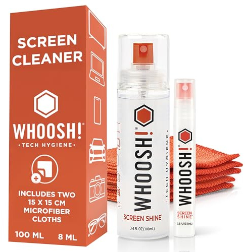 WHOOSH! Screen Cleaner Spray und Tücher - 100 und 8 ml + 2 Mikrofasertücher - Duo mit Flaschen in Standard- und Reisegröße für TV, Auto, Computer, Laptop, MacBook, iPad, Handy, Kamera, Brille, Uhr
