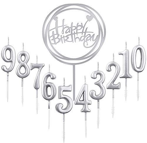 10 Stück Nummer 0-9 Geburtstag Ziffer Kuchen Kerzen + 1 Stück Brief Alles Gute zum Geburtstag Glitter Cake Topper Dekoration Kuchen Nummer Digitale Kerzen für Hochzeit (Silber)