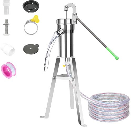 Schwengelpumpe Edelstahl, 360° Drehbare Brunnenpumpe, Wasserhandpumpe Handpumpe Wasser Brunnen mit 58CM Hohen Ständer und 5 Meter langen Schlauch für Häuser, Hausgärten, Yard, Teiche