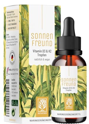 NATURTREU® Vitamin D3 K2 Tropfen hochdosiert & vegan - 100% pflanzlich (ohne tierisches Lanolin) - 1000IE Vitamin D + Vitamin K2 - Sonnenfreund