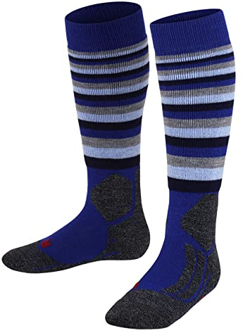 FALKE Unisex Kinder Skisocken SK2 Intermediate Stripes K Kh Wolle Funktionsmaterial warm dick 1 Paar, Blau Yve 6714, 31-34