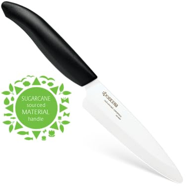 KYOCERA Keramik‑Universalmesser Nature Serie 11 cm – Biokunststoff‑Griff aus Zuckerrohr, weiße Klinge, rostfrei, FK‑110 WH‑BK BIO
