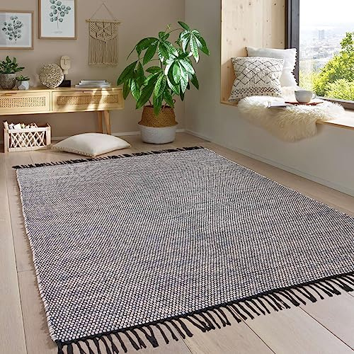 Taracarpet Handwebteppich Borkum Teppich fürs Wohnzimmer, Schlafzimmer und als Küchenteppich geeignet 100% Baumwolle grau 200x290 cm