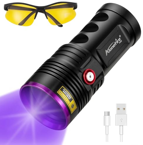 Alonefire H42UV 36W 365nm UV Taschenlampe USB Aufladbar Schwarzlicht Haustier Urin Detektor für Harzhärtung, Bernstein, Angeln, Geocaching, Skorpion mit Ladestation, UV Schutzbrille, 4 x Batterie