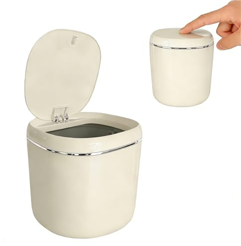 Moling Tischmülleimer Klein mit Deckel 2.3L,Cremeweiß,Mini Tischabfalleimer,Papierkorb für Schlafzimmer,Bad,Büro,Kosmetikeimer,Aschenbecher,Katzenstreu