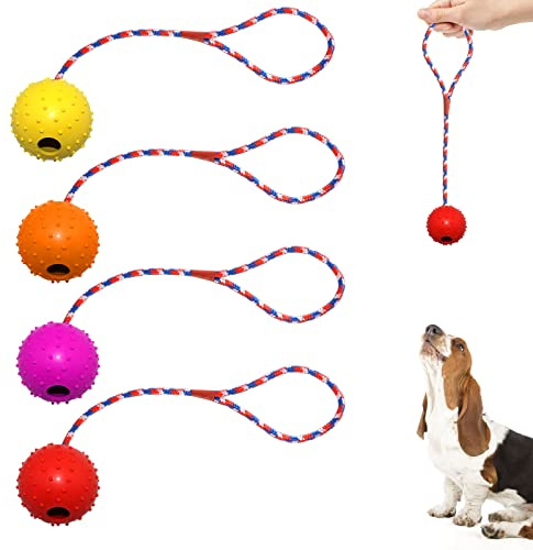 prota Wurfball Hund, 4 Stück Ball mit Seil Naturkautschuk Ball für Hunde Hundespielzeug Ball Hundeball Weich und Elastisch Vollgummiball für Große & Kleine Hunde Werfen Zufällige Farbe