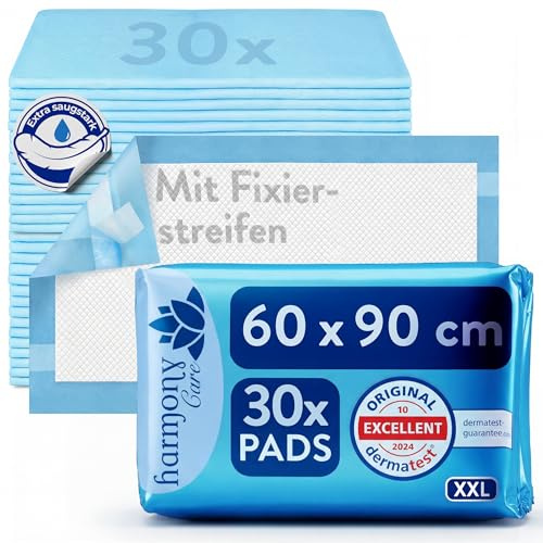 Harmony Care® 30 x Inkontinenz Bettunterlage mit Fixierstreifen, 6-lagig - 60 x 90 cm saugstarke Krankenunterlagen Einmalunterlage - rutschfeste Inkontinenzunterlagen einweg Bettunterlagen