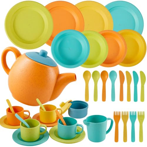 kimonca kinderküche Geschirr Teeservice Set, Puppengeschirr Kinderküche Zubehör Tee Set und Geschirr Set, Kochgeschirr Teeparty Spielküche Geschenk für 3 4 5 Jahre Mädchen Jungen