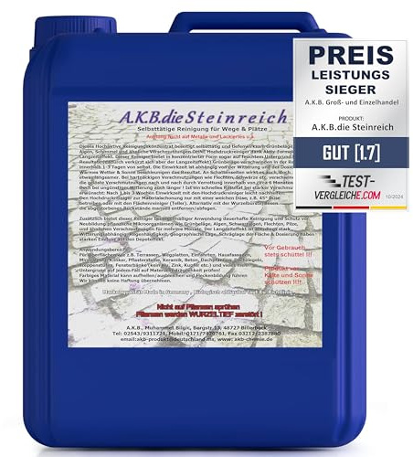 A.K.B. Steinreich Steinreiniger Konzentrat 5 Liter - Grünbelagentferner für saubere Wege, Terrassen & Außenflächen - Steinreiniger Intensiv Aussen