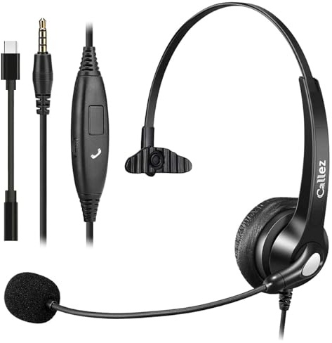 Callez 3,5mm Klinke Headset Handy mit Mikrofon Noise Cancelling | USB-C PC Kopfhörer für FritzFon C6 X6 iPhone Samsung Laptop Home Office Teams Zoom Konferenzen, Lautstärkeregler, Komfort Fit