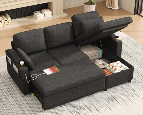 DURASPACE Schlafsofa Ausziehbar 2 in 1 Sektional Couches Schlafcouch mit Lagerung, USB, Getränkehalter, Schlaffunktion und Bettkasten Ecksofa Stauraum für Wohnung Wohnzimmer (Dunkelgrau)