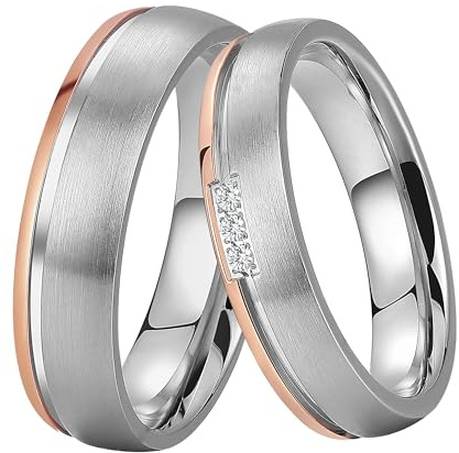 DOOSTI Paar Ringe für Damen Herren Partnerring Edelstahl Bicolor Silber Rosegold ohne/mit Zirkonia Ehering Trauring Freundschaftsring Hochzeit Ringe Frau Mann (Damenring, 58 (18.5))