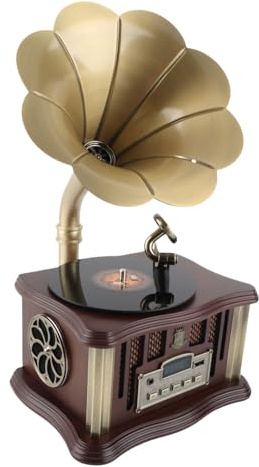 Vintage-Grammophon-Bluetooth-Lautsprecher, Wiederaufladbarer USB-C-BT5.0-Holzlautsprecher, Retro-Phonograph-Funklautsprecher mit FM-Funktion (Kaffee)