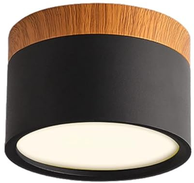 Schindora LED-Deckenleuchte, Holzdekor-Aufbaustrahler, Mini-Deckenleuchte, rund, schwarz, warmweiß 3000 K, 12 W.