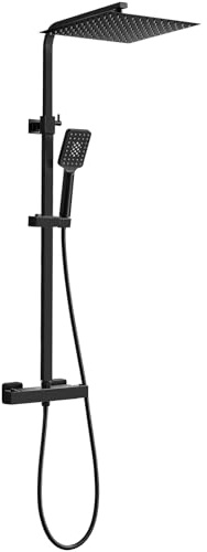 Duschsystem mit Thermostat Schwarz, Bevankly Duschset 30x30cm Regendusche | Duscharmatur Komplettset, Thermostat Duscharmatur, Duschkopf und Handbrause, 80-125cm verstellbar, Messing